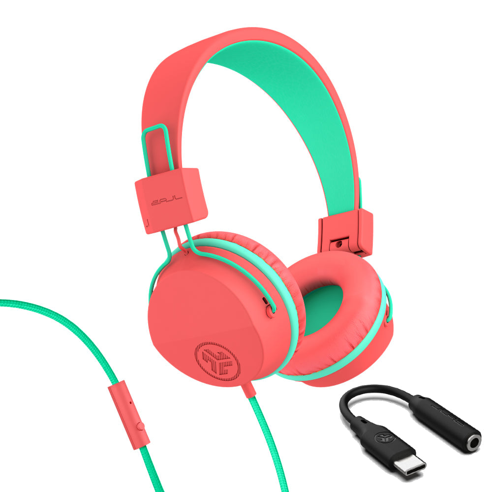 JBuddies Studio On-Ear Kids Wired Type-C Headphones Blue/Green - Peach/Mint